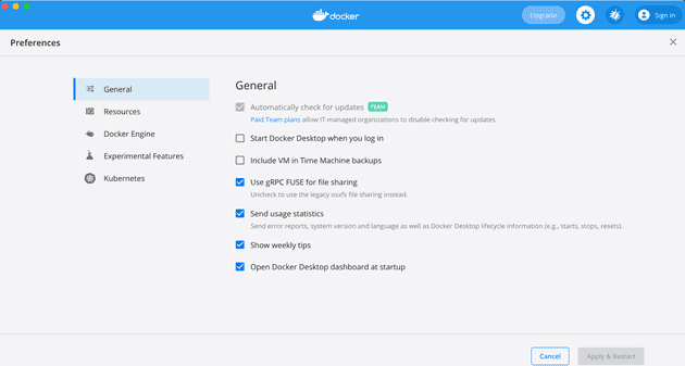 Docker management screen