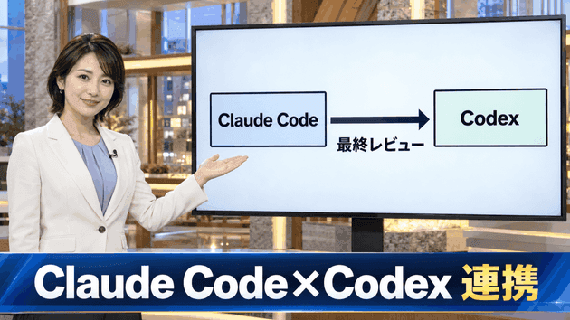 ケース1でCodexが生成したサムネイル。AI生成の架空の人物が、Claude CodeからCodexへの「最終レビュー」の図を示している